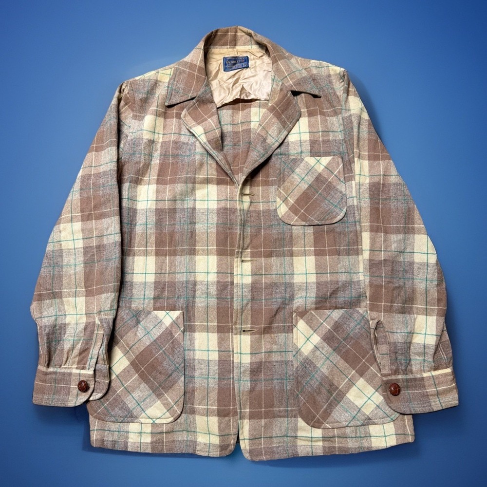 Vintage Pendleton Men's 44 Virgin Wool USA Brown Beige Plaid Chore Coat 70s